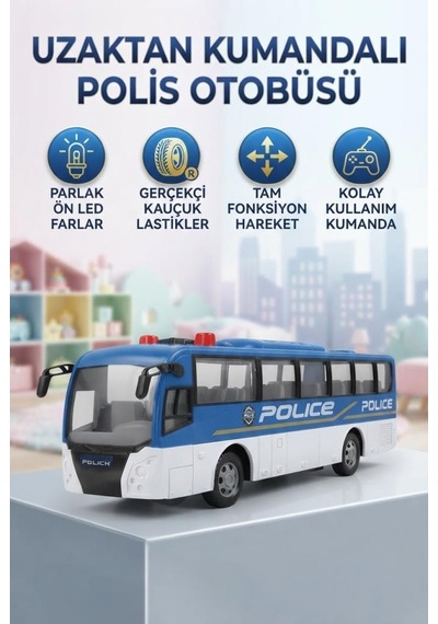 Led Farlı 4 Fonksiyonlu Uzaktan Kumandalı 1:30 Ölçekli Gerçekçi Tasarımlı Oyuncak Polis Otobüsü Çok Renkli