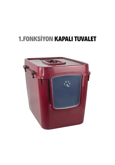 Pribor Hz-500 Xxl 3 Fonksiyonlu Açık / Kapalı Kedi Tuvaleti Ve Taşıma Çantası Bordo 56 X 40 X 43 Cm