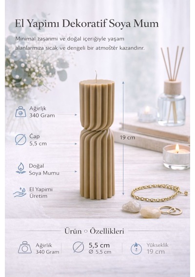 Dekoratif Lüks Soya Mum,el Yapımı Doğal Mum,uzun Yanma Süreli Ev Hediyesi,ev Süsü Kahverengi 340 G Kahverengi