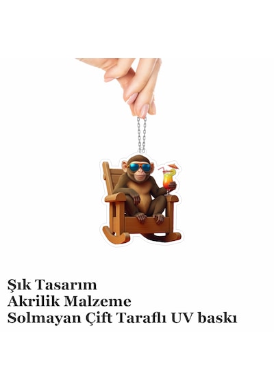 Araba Ayna Süsü, Araba Süsü, Çanta Aksesuarı - Keyifli Maymun - Pleksi Malzeme, Uv Baskılı - 037 8x6 Cm