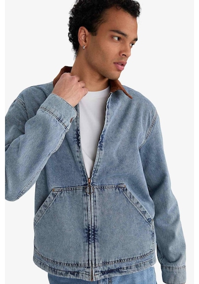 Defacto Relax Fit Kontrast Yaka Düğmeli Denim Ceket F8308ax25aunm39 Mavi