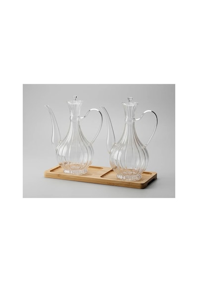 Reoona Cam Yağdanlık 750ml+750 Ml Glory Çizgili Bambu Stantlı Borosilikat Sirkelik El Üretimi Yağ, Sirke Açık Beyaz