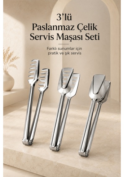 Marino 3 Lü Paslanmaz Çelik Servis Maşası Seti 23 Cm Makarna, Salata, Izgara, Ekmek Ve Açık Büfe İçin Metal Maşa