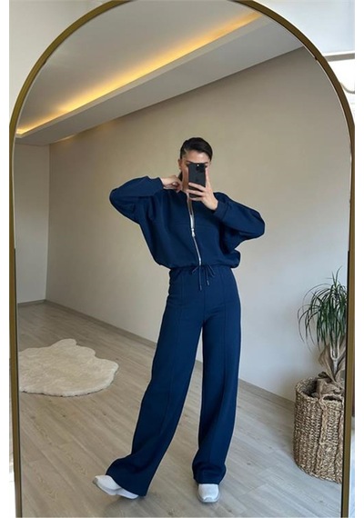 Neşeli Butik Kadın Fermuarlı Oversize Sweat Ve Yüksek Bel Eşofman Takımı Nm018 Lacivert