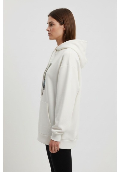 Mizalle Yumuşak Dokulu Kapüşonlu Grafik Baskılı Ekru Sweatshirt Ekru