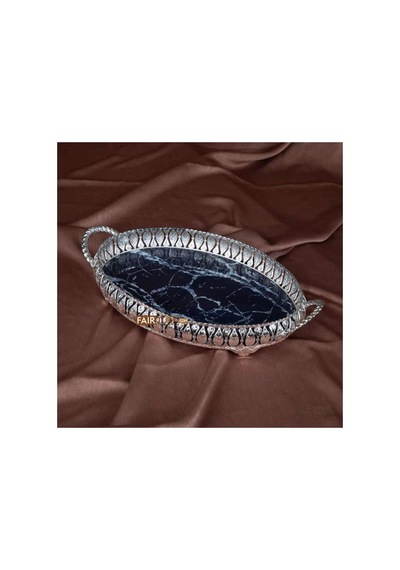 Gümüş Renk Oval Metal Mermer Desen Metal Servis - Söz Tepsisi
