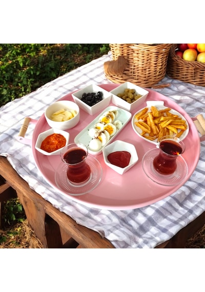 Ahşap Kulplu 51 Cm Açık Pembe Yuvarlak Metal Tepsi Kahvaltı Çay