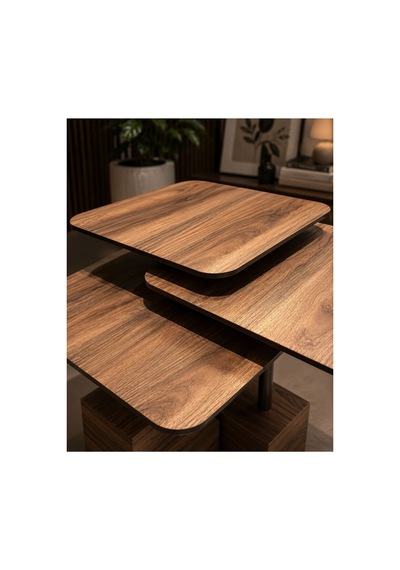 Modern Zigon Sehpa Trio Yan Sehpa Servis Sehpası Ceviz %100 Mdf Kahverengi Kahverengi