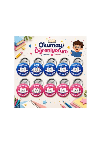 Okumayı Öğreniyorum 58 Mm İğneli Rozet 10 Adet - Öğrenci Başarı Ve Motivasyon Rozeti Çok Renkli