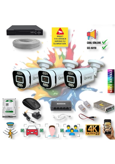 3 Kameralı Ip Set Yapay Zeka Özellikli Gece Renkli Sesli Ip 43...