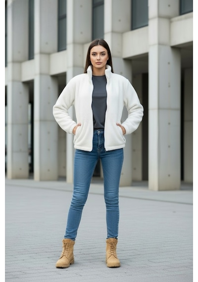 Kadın Oversize Peluş, Polar, Fermuarlı, Teddy Dik Yaka, Sıcak Tutucu Yumuşak Kışlık Ceket Beyaz