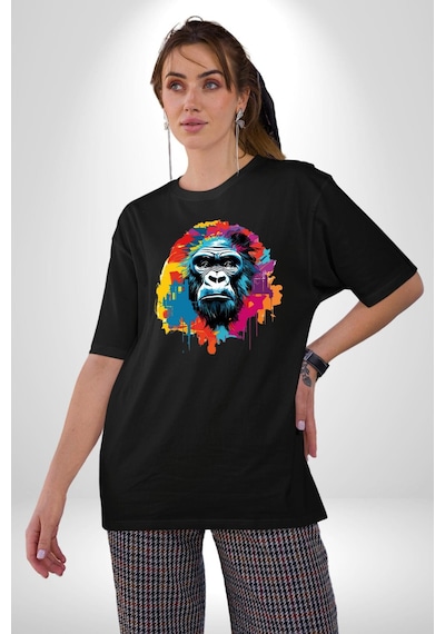 Renkli Maymun Goril Pamuklu Bisiklet Yaka Unisex Oversize Boyfriend Dijital Baskılı Siyah T-shirt Siyah