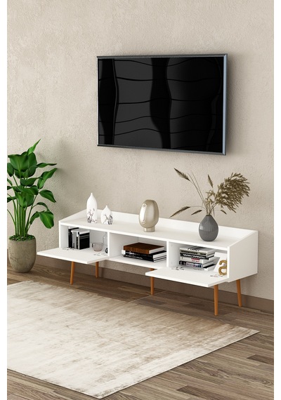 Asra Trend Tv Ünitesi Tv Sehpası T-28 %100 MDF Ayaklı Modern Medya Ünitesi Beyaz