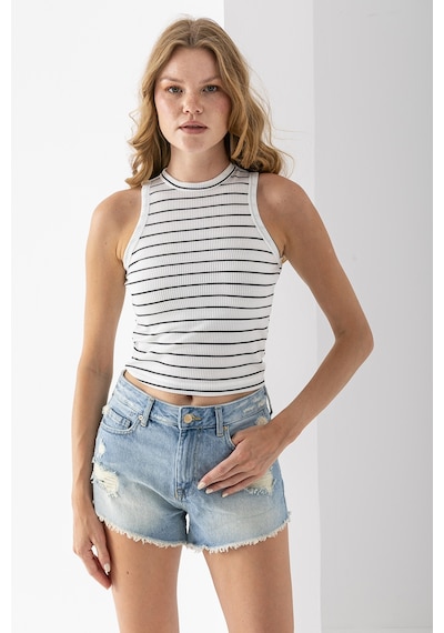 Giysa Kadın Bisiklet Yaka Kolsuz Çizgili Basic Body Siyah - 25507 Siyah