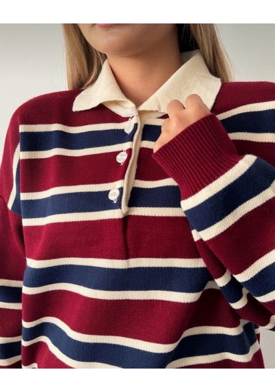 Kadın Çizgili Polo Yaka Oversize Triko Kazak Bordo