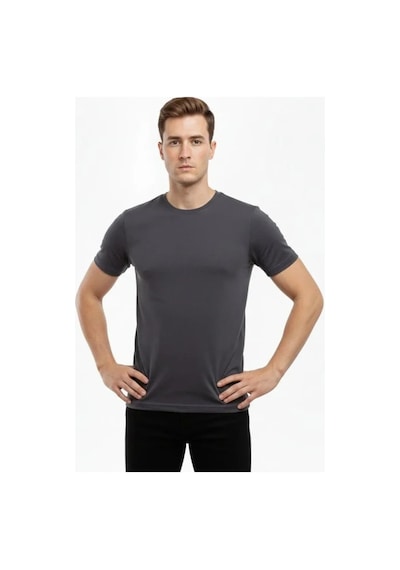 Butik İstanbul Erkek T-shirt Bisiklet Yaka Slim Fit Dar Kesim Likralı Tişört Günlük Basic Body - Füme
