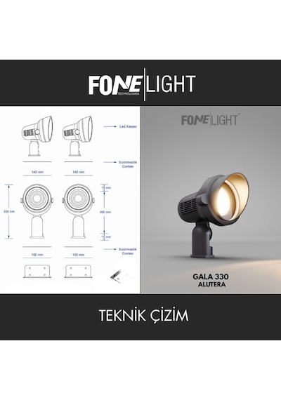 FoneLight Alutera 33 cm LED Kazıklı Çim Armatürü Siyah Alüminyum IP65 Bahçe Spot Ağaç Çit Peyzaj Aydınlatması 7W