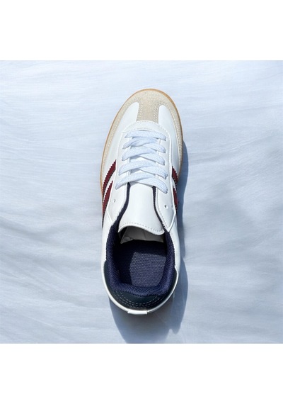 Kadın Spor Ayakkabı Beyaz Sneaker Bordo Çizgili Günlük Rahat Kaymaz Taban Bağcıklı