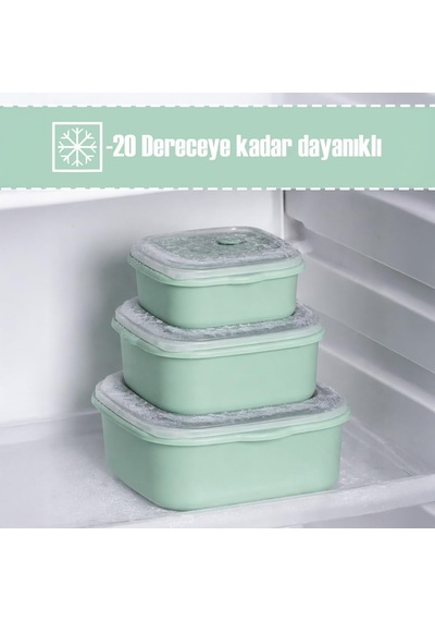 5316 Kilitli Sızdırmaz Kapaklı Hava Tahliye Contalı Çok Amaçlı 3lü Kare Erzak Yiyecek Saklama Kabı Seti Yeşil - 500-900-1500ml Çok Renkli