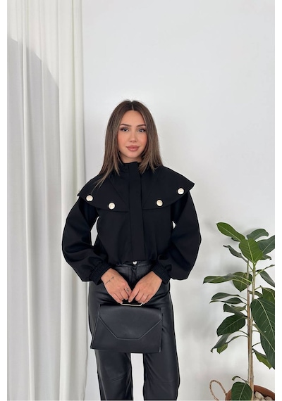 Dip Moda Kadın Siyah Metal Düğme Detaylı Fermuarlı Kısa Bomber Ceket Dpk5041