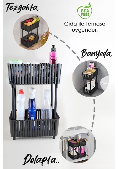 2'li 2 Katlı Tezgah Altı Organizer Raf - Banyo Deterjan Rafı Mutfak Evye Altı Düzenleyici Siyah Siyah