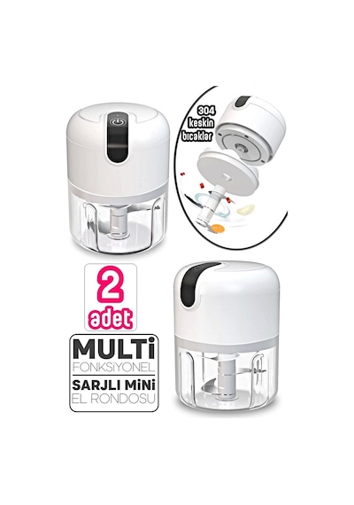 2'li Şarjlı Mini El Rondosu Çelik 3 Bıçaklı 250 Ml Mutfak Robotu Hazneli Sebze Et Doğrayıcı Rende