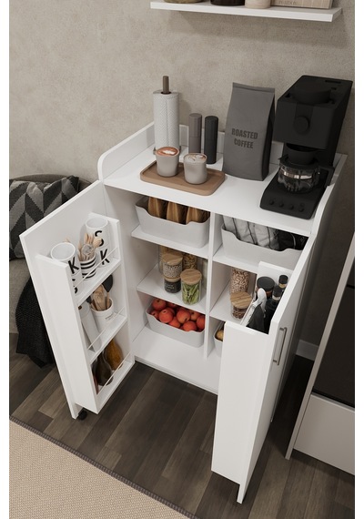 Asra Trend MK-08 %100 MDF 80x102 cm Çok Amaçlı Mutfak Kiler Dolabı Kapak İçi Raflı Kahve Köşesi Beyaz
