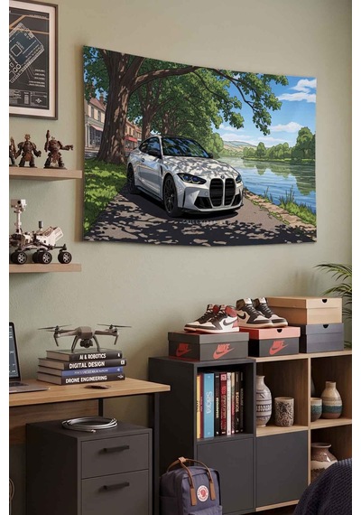 Bmw M4 Beyaz Spor Araba Göl Manzaralı Dekoratif Duvar Örtüsü Duvar Halısı