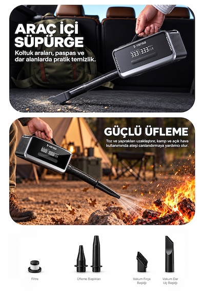Araç Süpürgeli Akü Takviyeli Jump Starter & 160 Psı Kompresör Araç Kiti 18.000 Mah