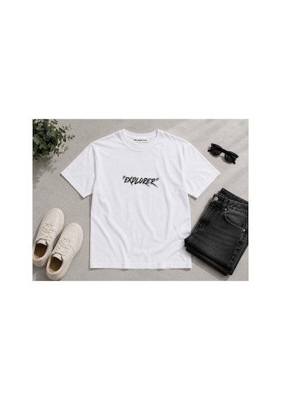 Me Selection Explorer Tasarım %100 Pamuk Unisex Basic Tişört Beyaz