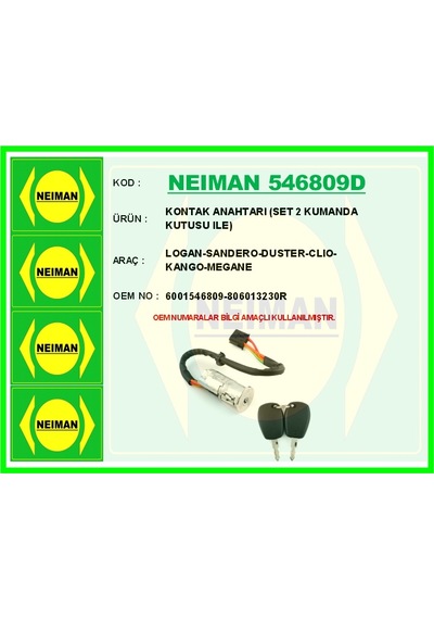 Neıman 546809d Kontak Anahtarı Logan-sandero-duster-clıo-kango-megane Set 2 Kumanda Kutusu Ile 6001546809-806013230r -