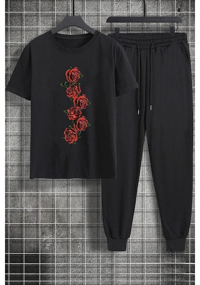 Uyguntarz Rahat Tasarım Unisex Rose 2'li Eşofman Takımı Siyah