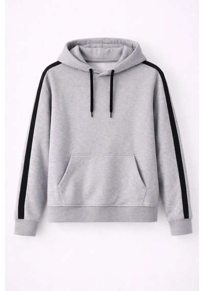 Assema Erkek Şeritli Kapüşonlu Sweatshirt Oversize 3 İplik Pamuklu - Gri Çok Renkli