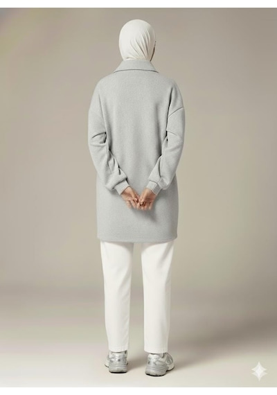 Afri 3 İplik Şardonlu Gri Oversize Fermuarlı Tunik Sweatshirt - Günlük Spor Elbise Gri