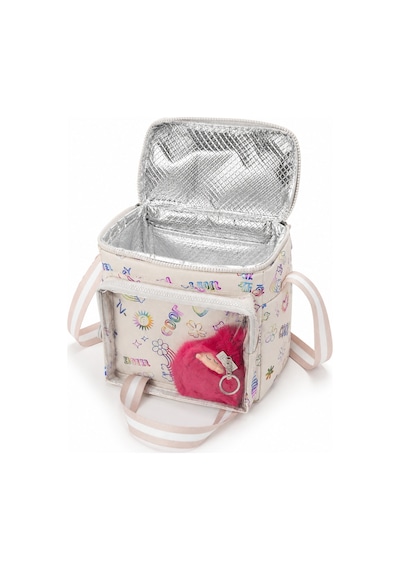 Çocuk Termal Okul Beslenme Çantası Şeffaf Cepli Peluş Aksesuarlı Omuz Askılı Lunch Bag Krem