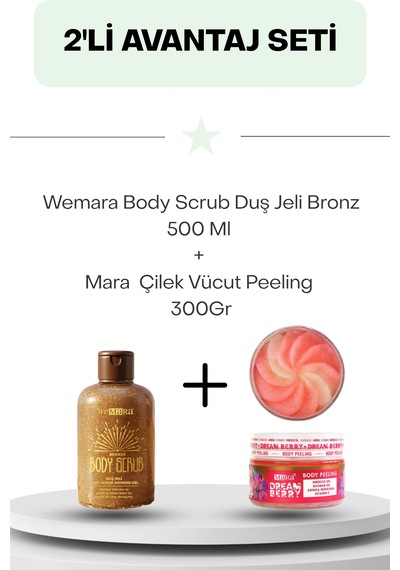 Wemara Body Scrub Duş Jeli Bronz 500 Ml + Çilek Vücut Peeling 300gr Diğer