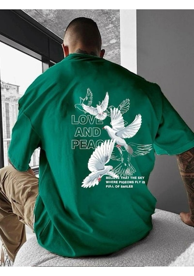 Love And Peace Baskılı Oversize Tişört Yeşil