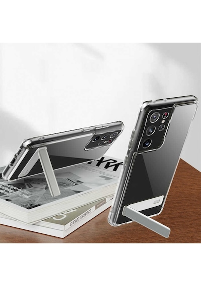 Galaxy S21 Ultra Kılıf Standlı Şeffaf Silikon Zore L-Stand Kılıf Renksiz