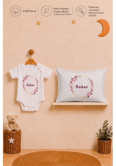 Pia Baby İsimli Kız Bebek Hediye Seti %100 Pamuk Organik Baskılı Body Yastık Kılıfı Ve Ham Bez Bebek Kıyafet Kesesi 2023byk0x Ekru