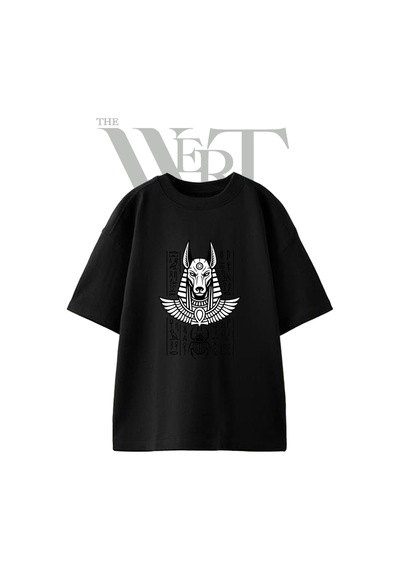 Thewert Anubis Misir Tasarım Baskılı Ünisex Siyah Oversize T-shirt