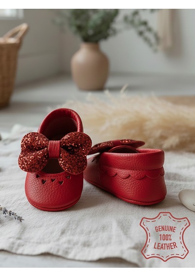 Denokids Kız Bebek Patik Hakiki Deri Taşlı Kırmızı Yumuşak Taban Ayakkabı 17-21 Numara Renkli