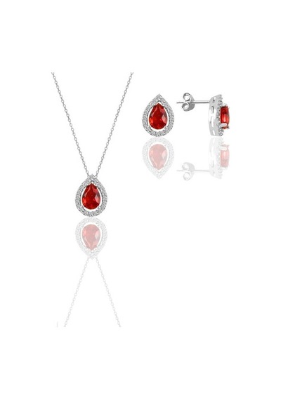 Gümüş Beyaz Altın Rodyumlu Kırmızı Taşlı Damla Modeli Ikili Set