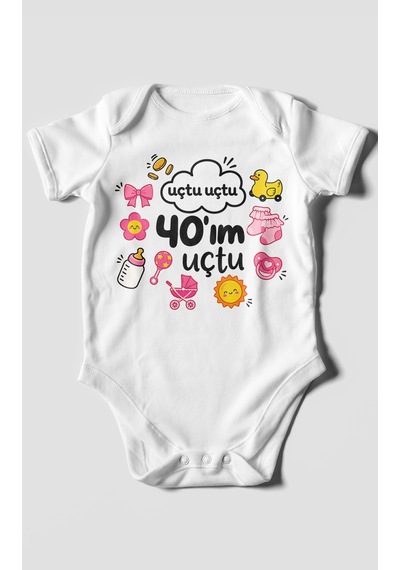 Morivokids Uçtu Uçtu 40'ım Uçtu Kısa Kollu Bebek Body %100 Pamuk Beyaz
