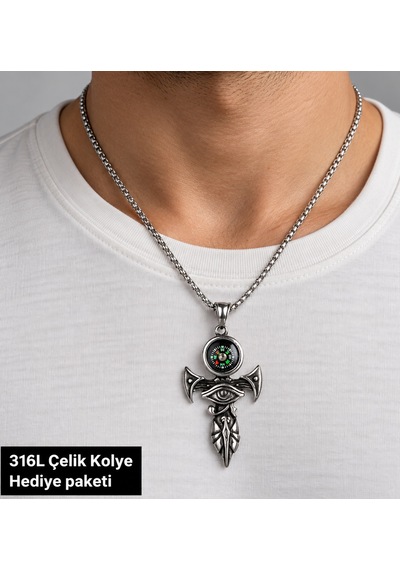 316l Çelik Erkek Kolye Pusula Ve Horus Gözü Figürlü İşlemeli Özel Tasarım 70 Cm Altın - Gümüş
