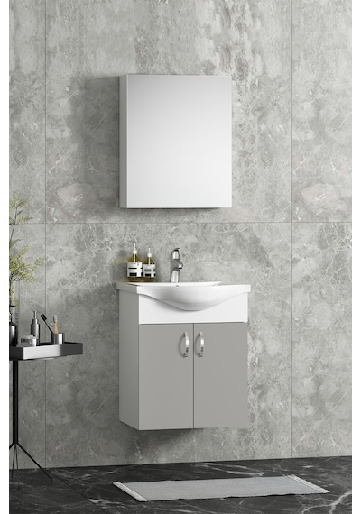 Yıldız 50 Cm Sis Gri Mdf Seramik Lavabolu Asma Banyo Dolabı Takım Beyaz-sis Gri
