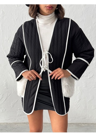 Verymoda Peluş Cep Detaylı Kapitone Ceket Siyah