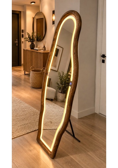 Ledli Doğal Ahşap Çerçeveli 180x60 Cm Ceviz Asimetrik Ayaklı Boy Aynası