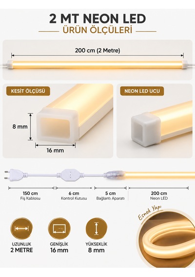 2 Metre 220volt Tak Çalıştır Gün Işığı Yüksek Performanslı 3200k Neon Led Fişli Trafo Gerektirmez Esnek Led Günışığı 3000-3200K
