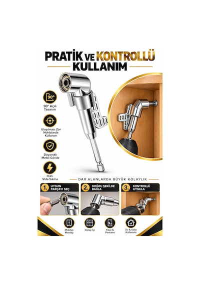 90 Köşe Vidalama Adaptörü 1/4" Bits Uyumlu Matkap Aparatı