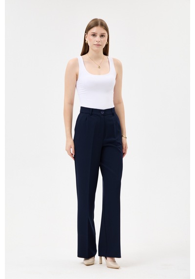 Velnara Moda Lacivert İspanyol Paça Cepli Yüksek Bel Dokuma Kumaş Kadın Pantolon Lacivert - 918305891 Lacivert